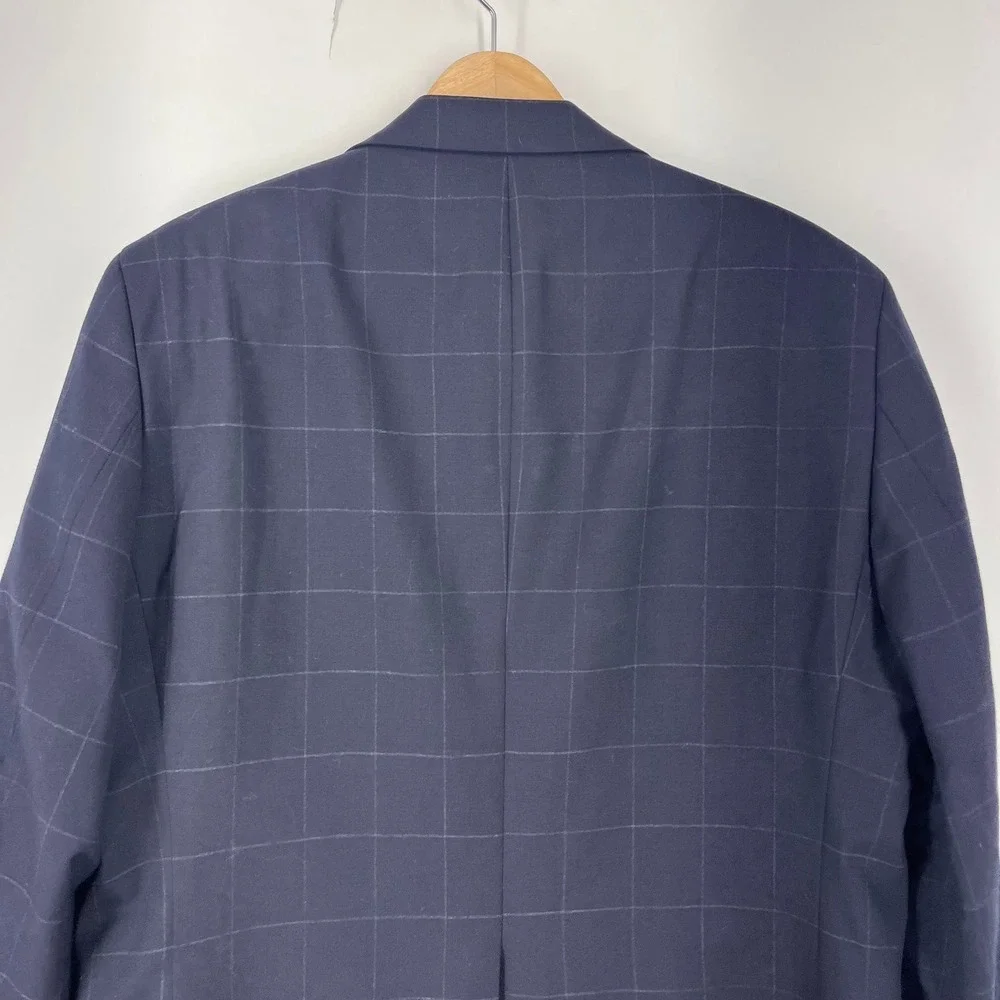 Lands' End Navy‎ Windowpane Check 2-Piece Suit Wool Pleated Pants SZ 42R  34W